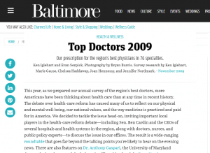 Baltimore Top Doctors 2009 includes Towson Orthopaedic Associates article clipping